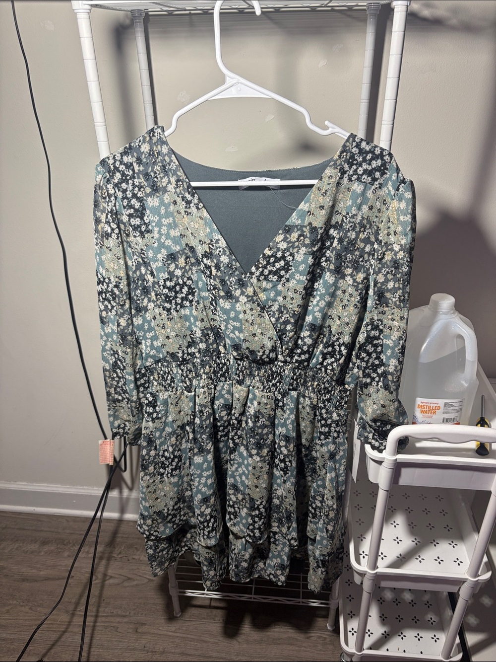 Mimi Chica Sage Green Floral V-Neck Tiered Mini Dress